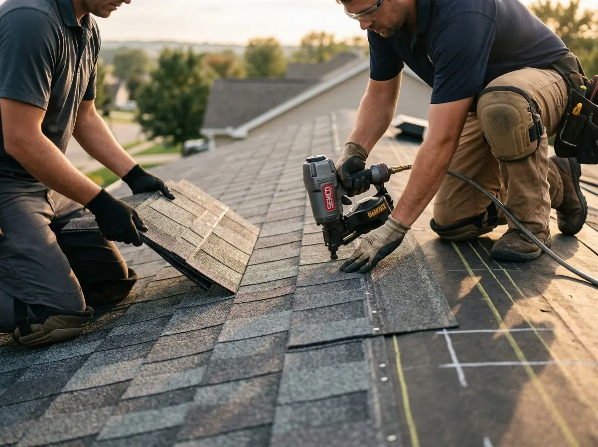 Professional roofer working on a residential roof in Franklin Farm